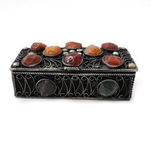 Small Nepalese Filigree Trinket Box Casket With Semi-precious Stones Handmade